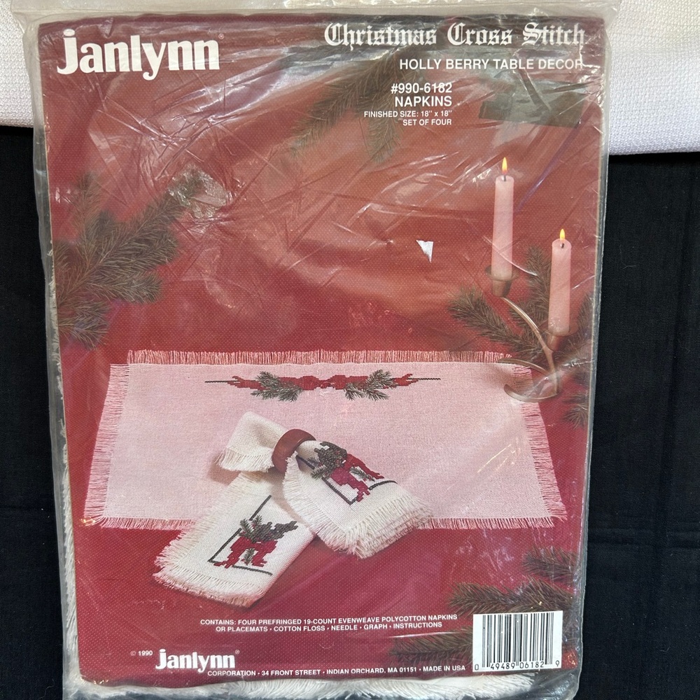 Christmas Napkin Kit, Vintage Janlynn Holly Berry Cross Stitch Project